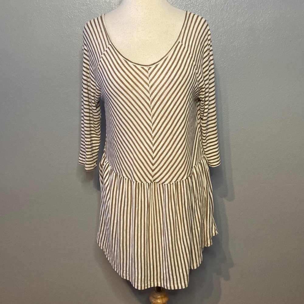 Wonderland By Orange Semi Sheer 3/4 Sleeve Long Top Striped Tan White M
